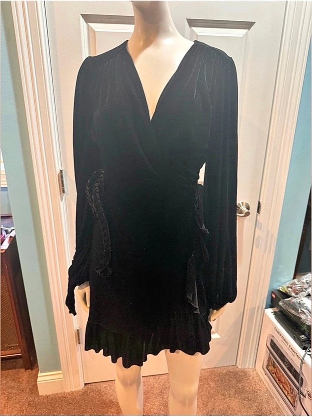 MISA Los Angeles Black Velvet-Look Mini Dress Size Large